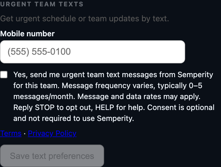 Semperity Family Home 'Urgent team texts' section: phone field, unchecked consent checkbox with full disclosure, Terms and Privacy links, and the Save text preferences button